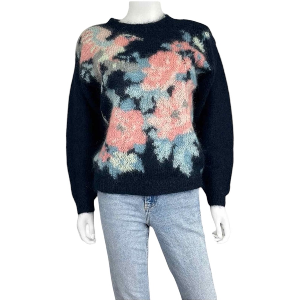 Vintage Lauren Cole Navy Floral Mohair Wool Sweater Size M
